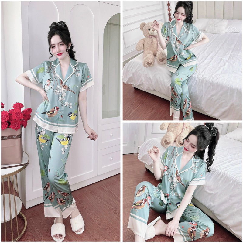 SP_193 Đồ bộ pijama BOLOBALA nữ mặc nhà quần dài áo tay ngắn phom truyền thống chất lụa latin in chân hoa siêu đẹp