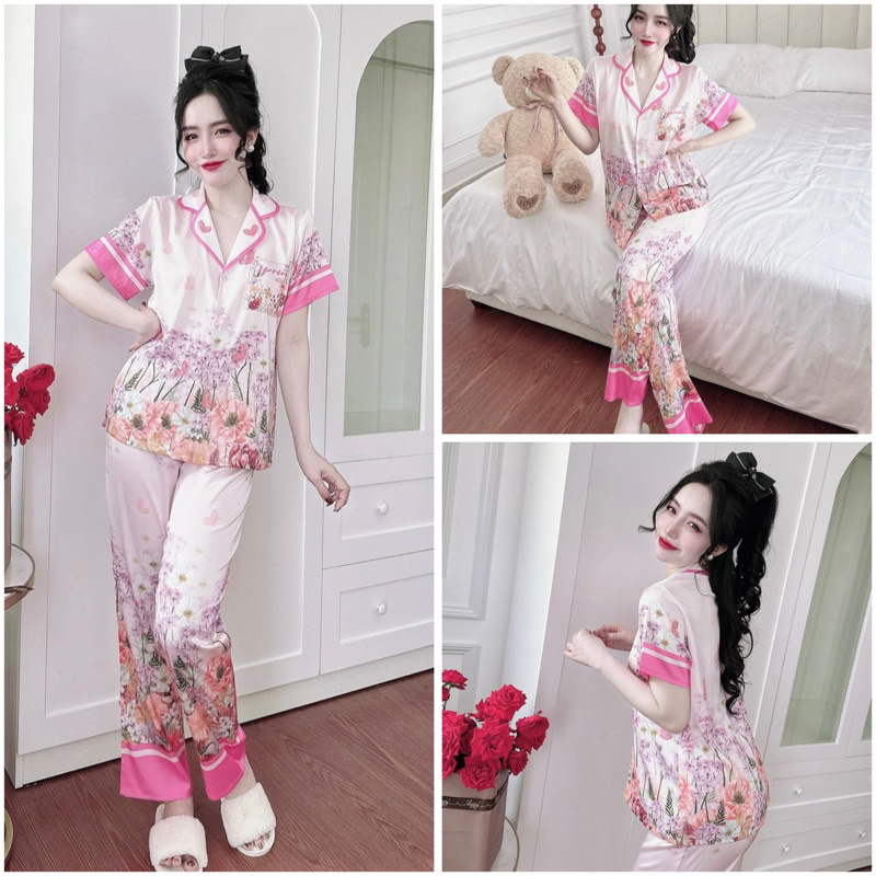 SP_193 Đồ bộ pijama BOLOBALA nữ mặc nhà quần dài áo tay ngắn phom truyền thống chất lụa latin in chân hoa siêu đẹp