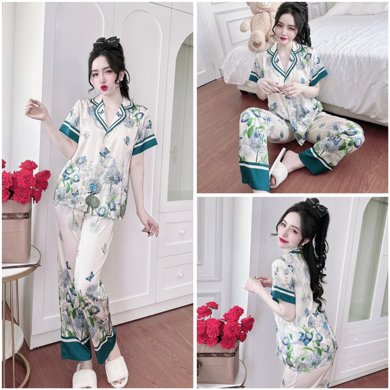 SP_193 Đồ bộ pijama BOLOBALA nữ mặc nhà quần dài áo tay ngắn phom truyền thống chất lụa latin in chân hoa siêu đẹp