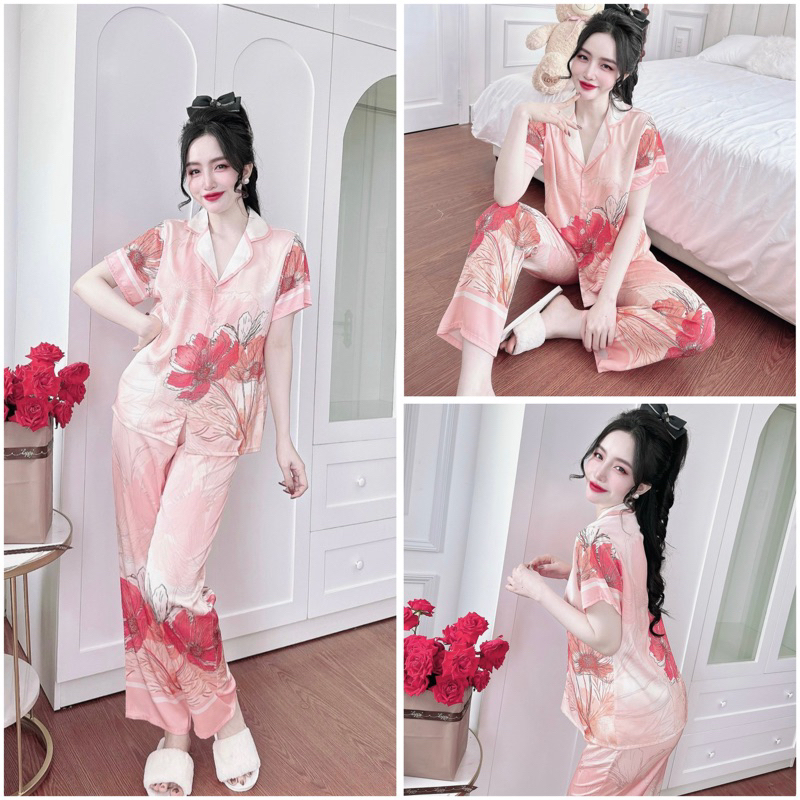 SP_193 Đồ bộ pijama BOLOBALA nữ mặc nhà quần dài áo tay ngắn phom truyền thống chất lụa latin in chân hoa siêu đẹp
