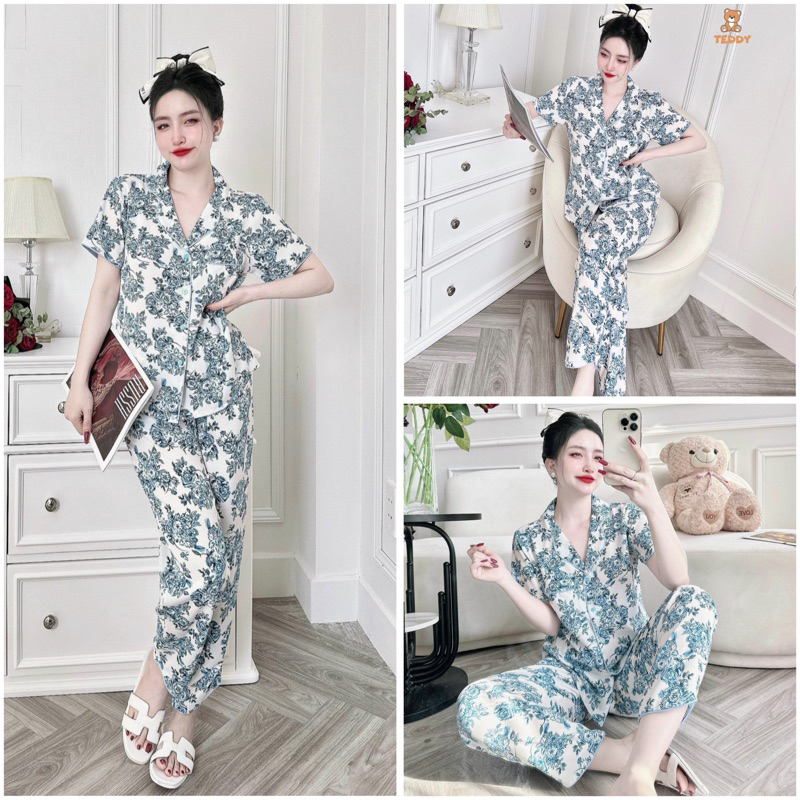 Đồ bộ pijama BOLOBALA nữ mặc nhà SP_196 quần dài áo tay ngắn hàng Teddy chất lụa mango hoạ tiết hoa nhí, hoa văn sắc nét
