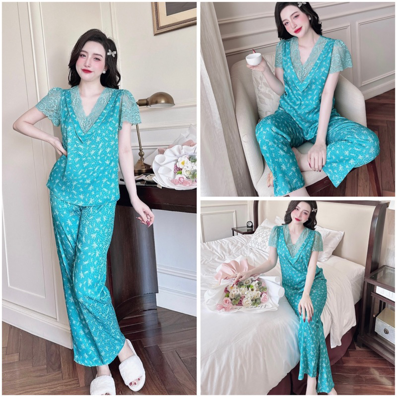SP_197 Đồ bộ pijama BOLOBALA nữ mặc nhà quần dài áo tay ngắn phối ren cao cấp hàng chất lụa gấm hoạ tiết hoa nhí nổi