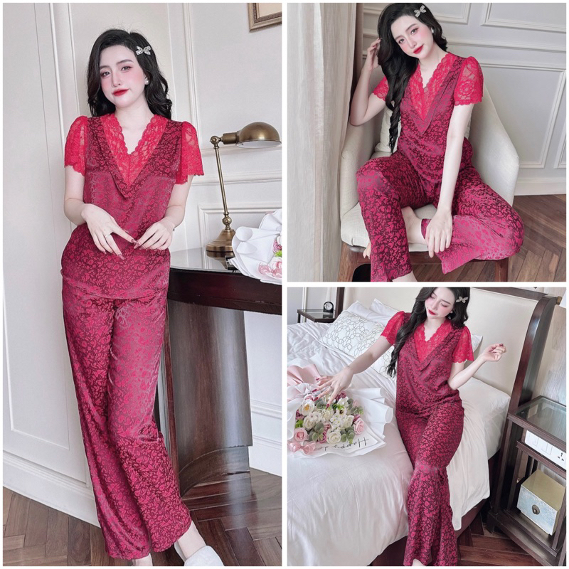 SP_197 Đồ bộ pijama BOLOBALA nữ mặc nhà quần dài áo tay ngắn phối ren cao cấp hàng chất lụa gấm hoạ tiết hoa nhí nổi