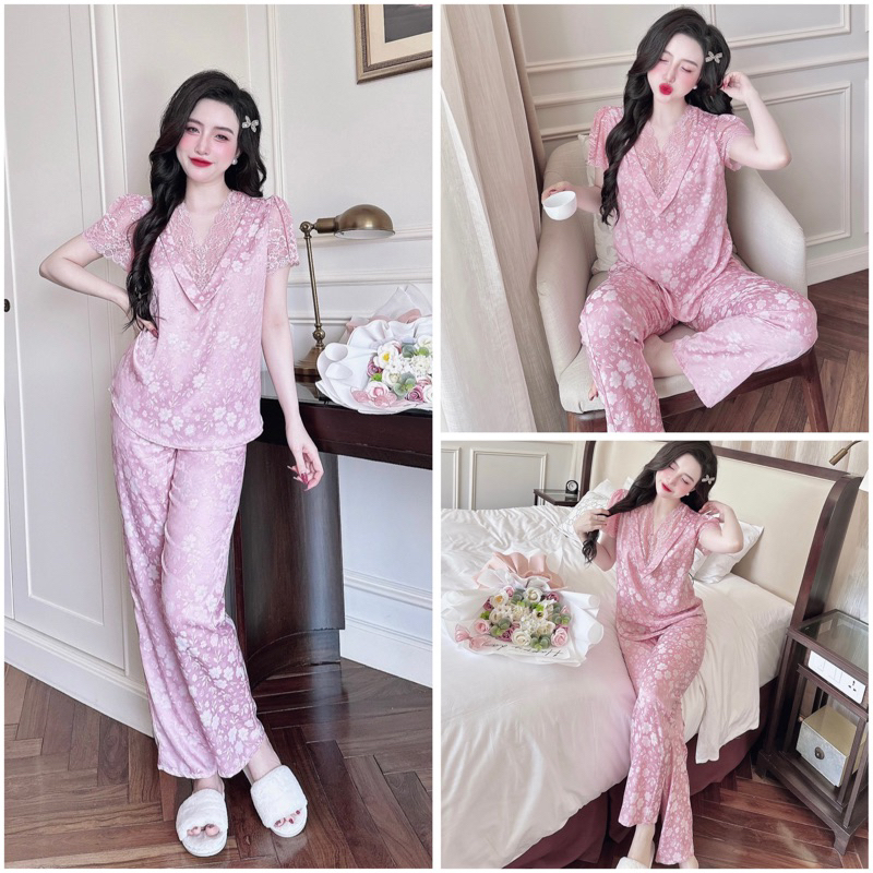 SP_197 Đồ bộ pijama BOLOBALA nữ mặc nhà quần dài áo tay ngắn phối ren cao cấp hàng chất lụa gấm hoạ tiết hoa nhí nổi
