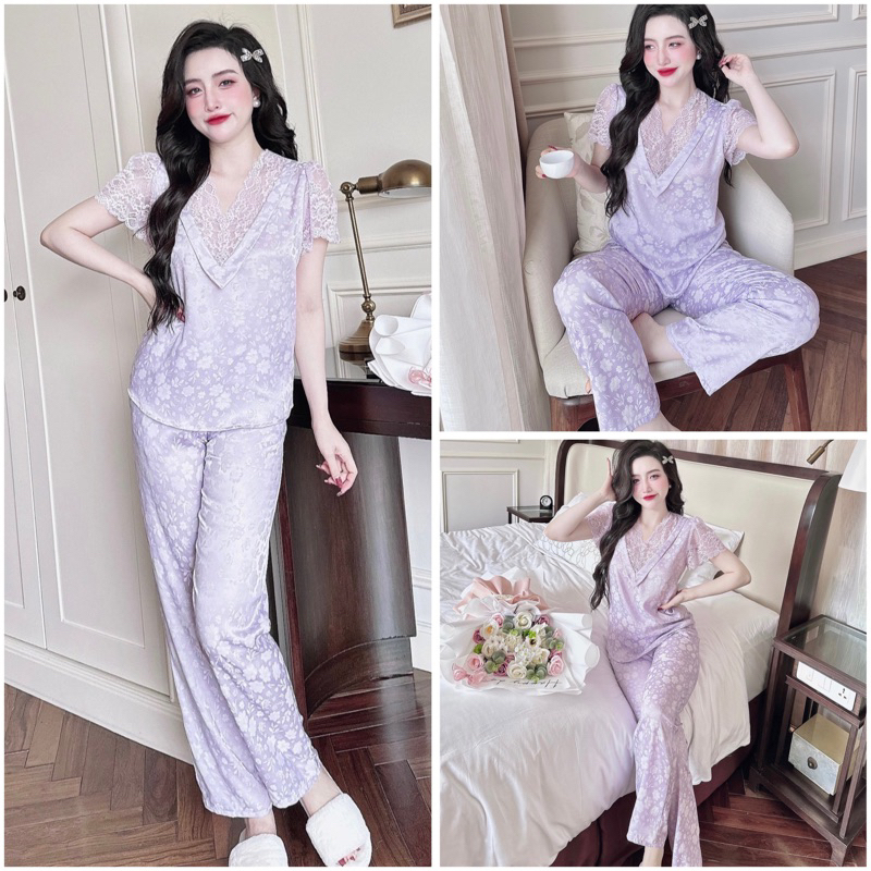 SP_197 Đồ bộ pijama BOLOBALA nữ mặc nhà quần dài áo tay ngắn phối ren cao cấp hàng chất lụa gấm hoạ tiết hoa nhí nổi