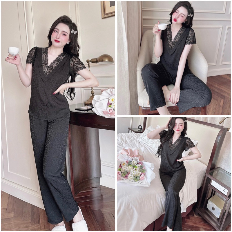 SP_197 Đồ bộ pijama BOLOBALA nữ mặc nhà quần dài áo tay ngắn phối ren cao cấp hàng chất lụa gấm hoạ tiết hoa nhí nổi
