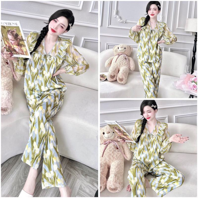 SP_199 Đồ bộ pijama BOLOBALA nữ mặc nhà quần dài áo tay dài chất lụa latin phối tơ cổ V tiểu thư rất dễ thương