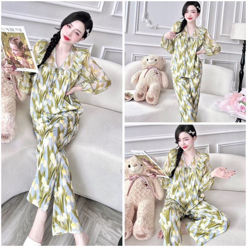 SP_199 Đồ bộ pijama BOLOBALA nữ mặc nhà quần dài áo tay dài chất lụa latin phối tơ cổ V tiểu thư rất dễ thương