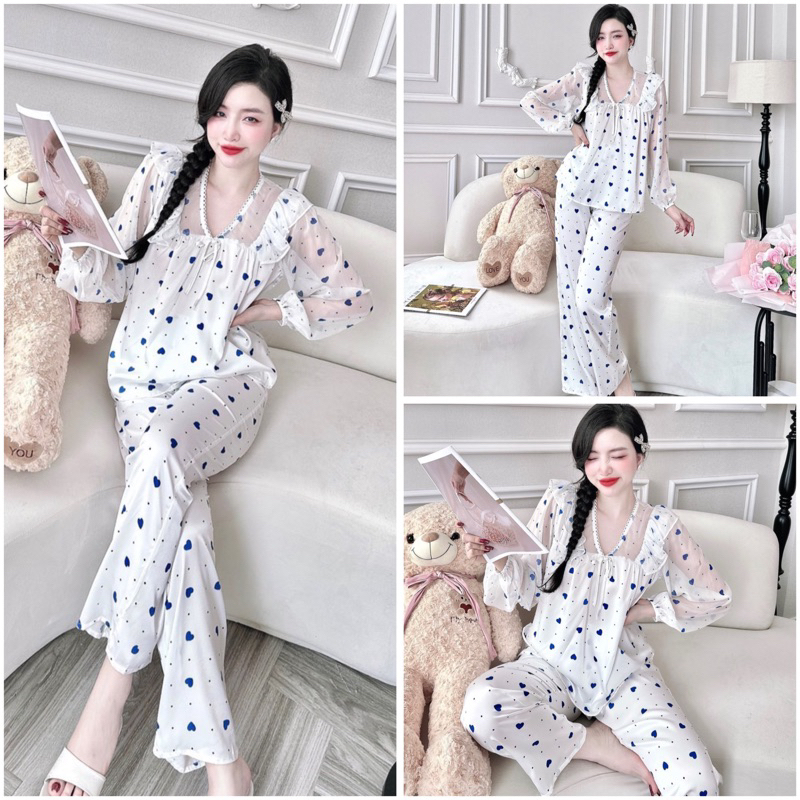 SP_199 Đồ bộ pijama BOLOBALA nữ mặc nhà quần dài áo tay dài chất lụa latin phối tơ cổ V tiểu thư rất dễ thương