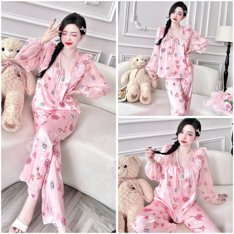SP_199 Đồ bộ pijama BOLOBALA nữ mặc nhà quần dài áo tay dài chất lụa latin phối tơ cổ V tiểu thư rất dễ thương