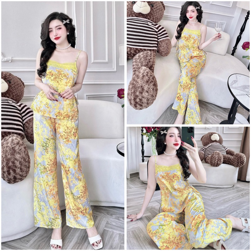 SP_200 Đồ bộ pijama BOLOBALA nữ mặc nhà quần dài áo dây phối ren thắt nơ eo tạo điểm nhấn chất lụa latin mẫu mới