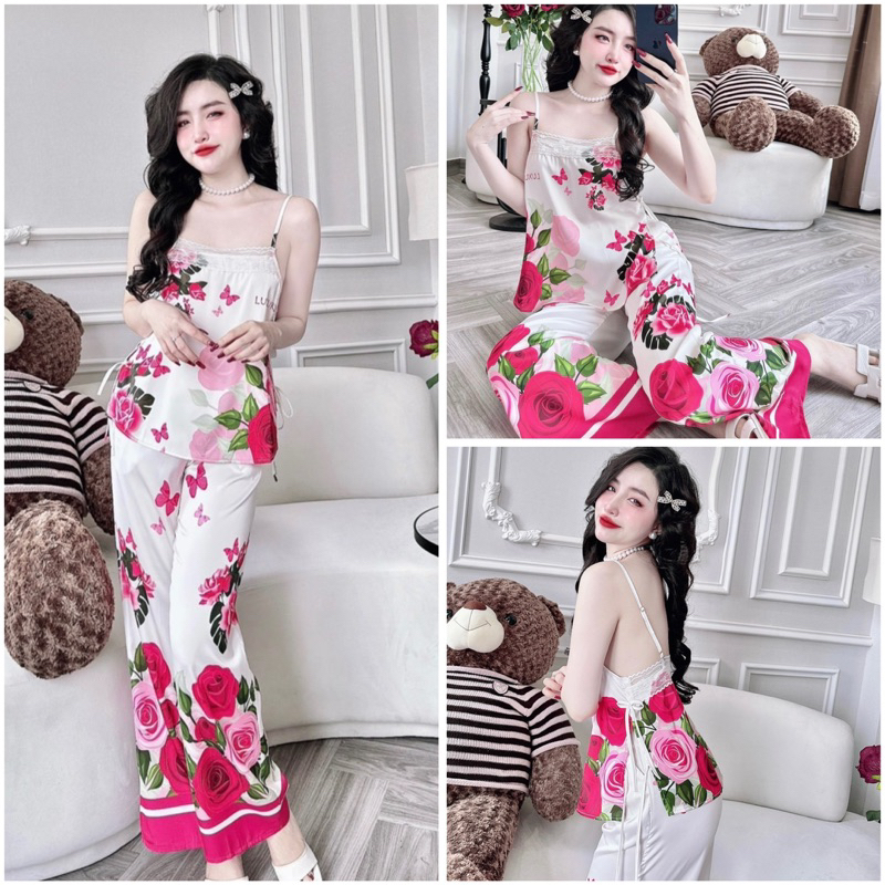 SP_200 Đồ bộ pijama BOLOBALA nữ mặc nhà quần dài áo dây phối ren thắt nơ eo tạo điểm nhấn chất lụa latin mẫu mới