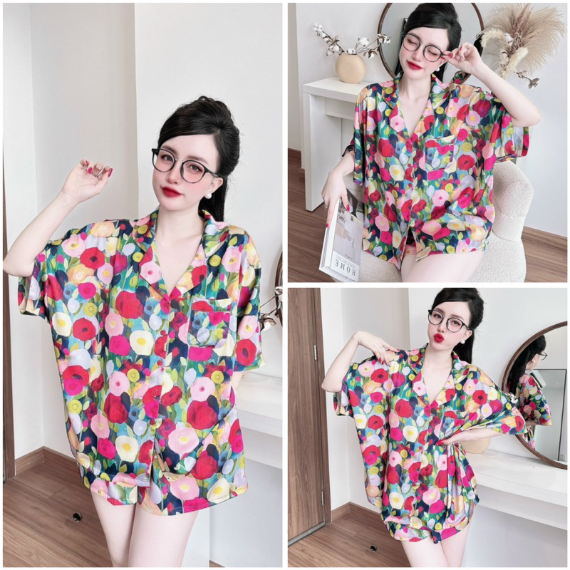 SP_203 Đồ bộ pijama BOLOBALA nữ mặc nhà quần đùi áo tay ngắn chất lụa latin Lady phom cánh dơi siêu xinh