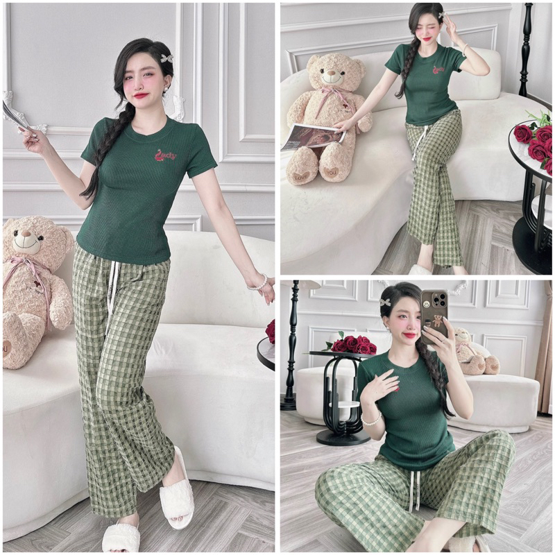 SP_202 Đồ bộ pijama BOLOBALA nữ mặc nhà quần dài caro áo tay ngắn thun tăm thêu Lady tạo điểm nhấn nổi bật