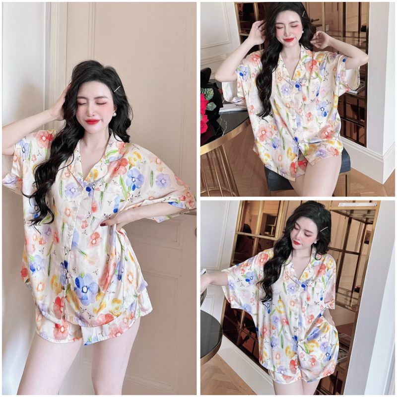 SP_203 Đồ bộ pijama BOLOBALA nữ mặc nhà quần đùi áo tay ngắn chất lụa latin Lady phom cánh dơi siêu xinh