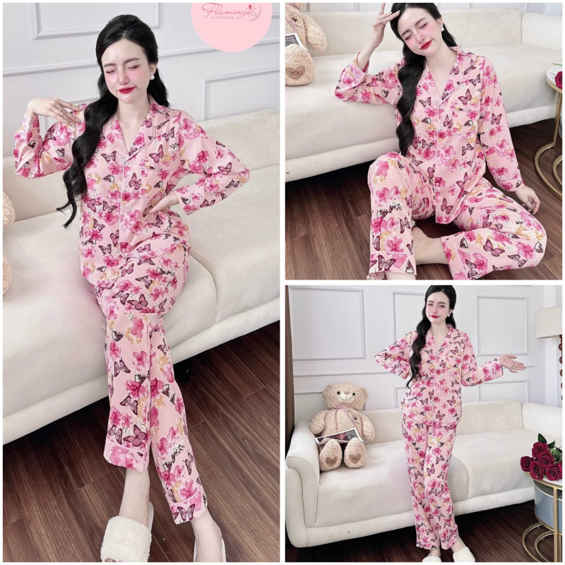 SP_205 Đồ bộ pijama BOLOBALA nữ mặc nhà quần dài áo tay ngắn chất lụa mango Flamingo cực sang