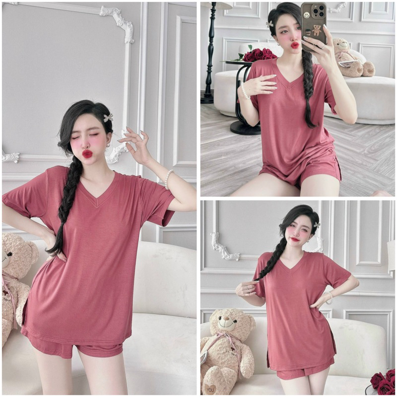 SP_206 Đồ bộ thun BOLOBALA nữ mặc nhà quần đùi áo tay ngắn cổ tim chất thun dẻo lạnh áo xẻ tà mềm mát