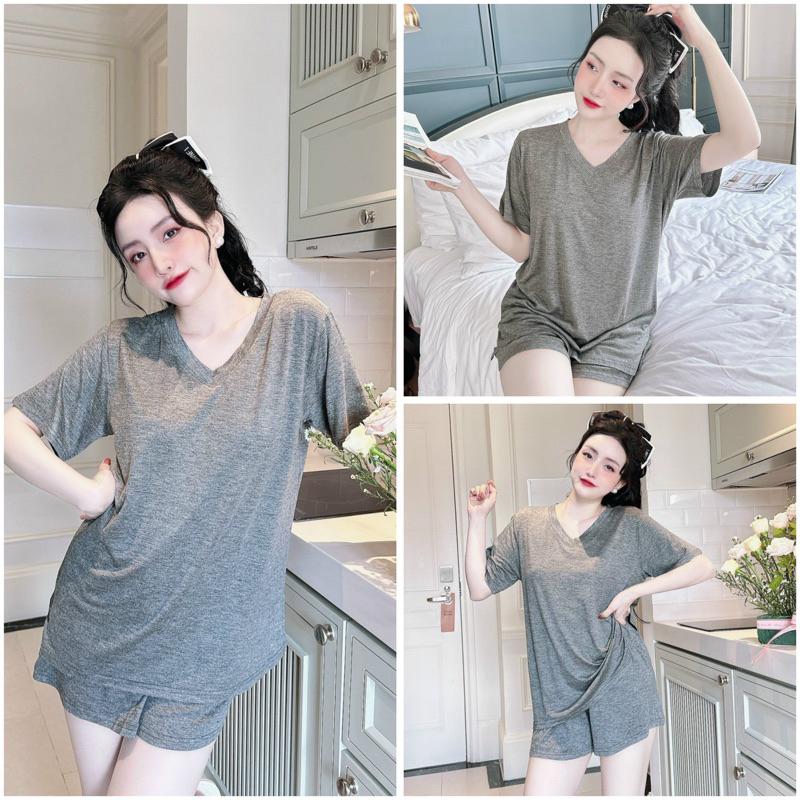 SP_206 Đồ bộ thun BOLOBALA nữ mặc nhà quần đùi áo tay ngắn cổ tim chất thun dẻo lạnh áo xẻ tà mềm mát