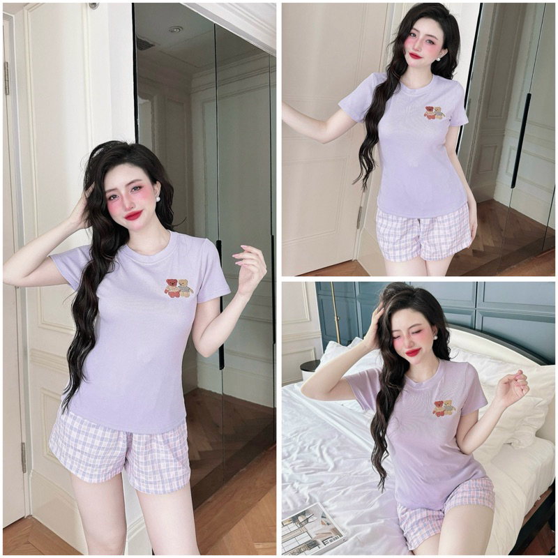 SP_208 Đồ bộ pijama BOLOBALA nữ mặc nhà quần đùi caro bố áo tay ngắn chất thun tăm xịn đẹp