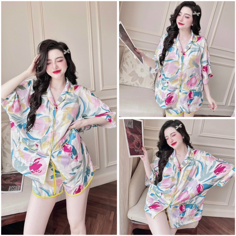 SP_209 Đồ bộ pijama BOLOBALA nữ mặc nhà quần đùi áo cánh dơi tay ngắn Lady chất lụa latin cao cấp, nút ngọc có 2 túi