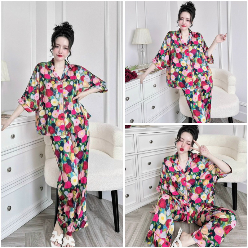 SP_210 Đồ bộ pijama BOLOBALA nữ mặc nhà quần dài áo cánh dơi tay ngắn Lady chất lụa latin cao cấp, mẫu mới