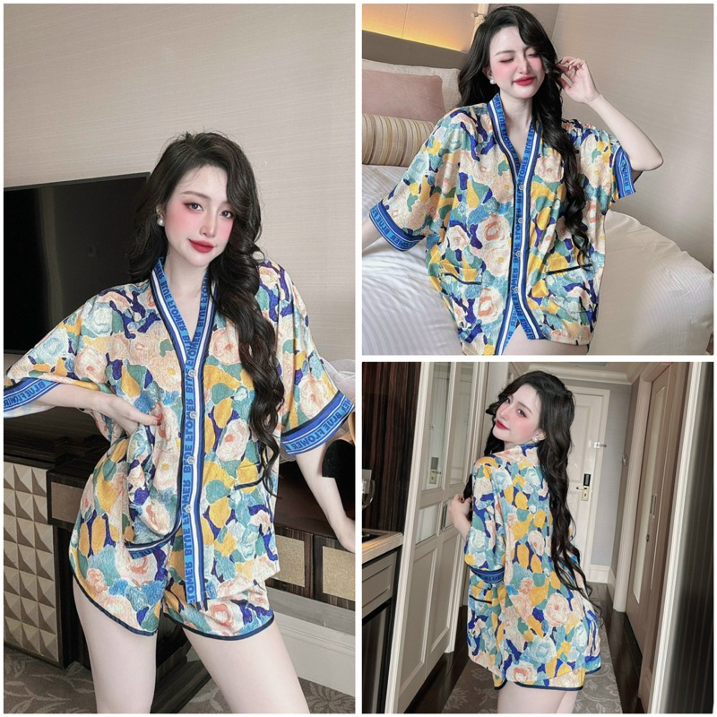 Đồ bộ pijama BOLOBALA nữ mặc nhà SP_211 quần đùi áo cánh dơi tay ngắn cổ Y Lady chất lụa latin cao cấp, sang xịn