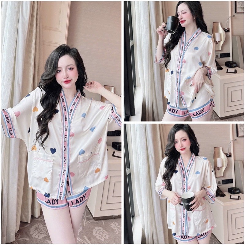 SP_218 Đồ bộ pijama BOLOBALA nữ mặc nhà quần đùi áo tay ngắn cánh dơi chất lụa latin cổ Y hoạ tiết xinh yêu