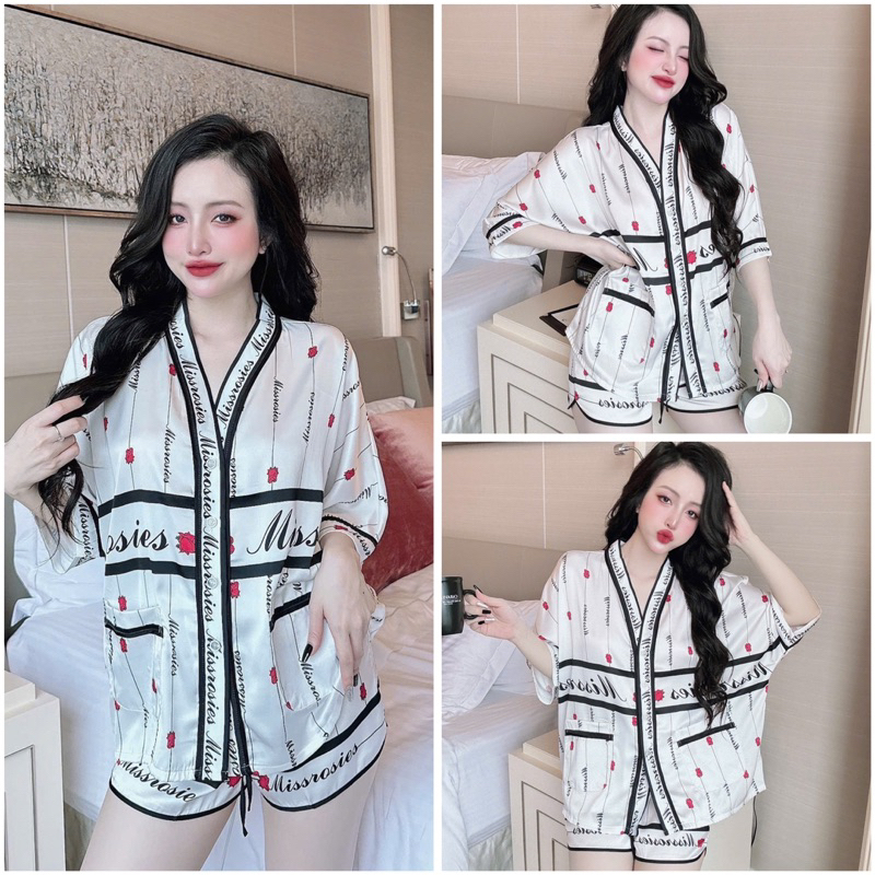 SP_218 Đồ bộ pijama BOLOBALA nữ mặc nhà quần đùi áo tay ngắn cánh dơi chất lụa latin cổ Y hoạ tiết xinh yêu