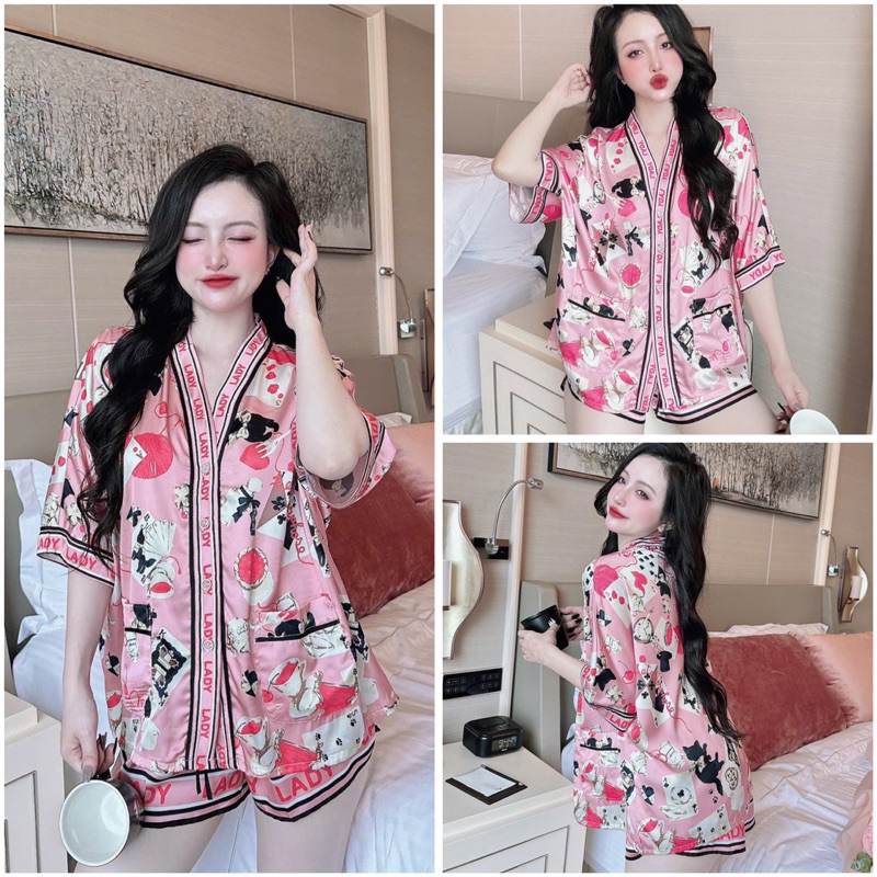 SP_218 Đồ bộ pijama BOLOBALA nữ mặc nhà quần đùi áo tay ngắn cánh dơi chất lụa latin cổ Y hoạ tiết xinh yêu