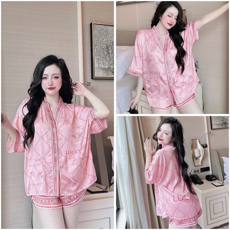 SP_218 Đồ bộ pijama BOLOBALA nữ mặc nhà quần đùi áo tay ngắn cánh dơi chất lụa latin cổ Y hoạ tiết xinh yêu