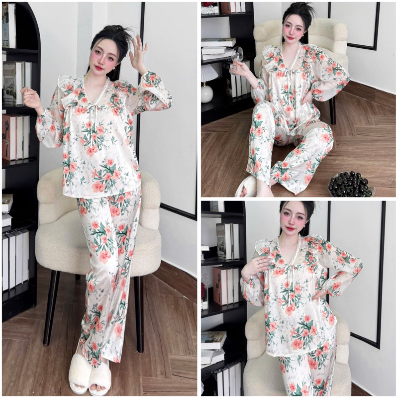 Đồ bộ pijama nữ tiểu thư Bolobala, bộ ngủ lụa mặc nhà SP243 quần dài áo tay dài phối tơ cổ V dễ thương