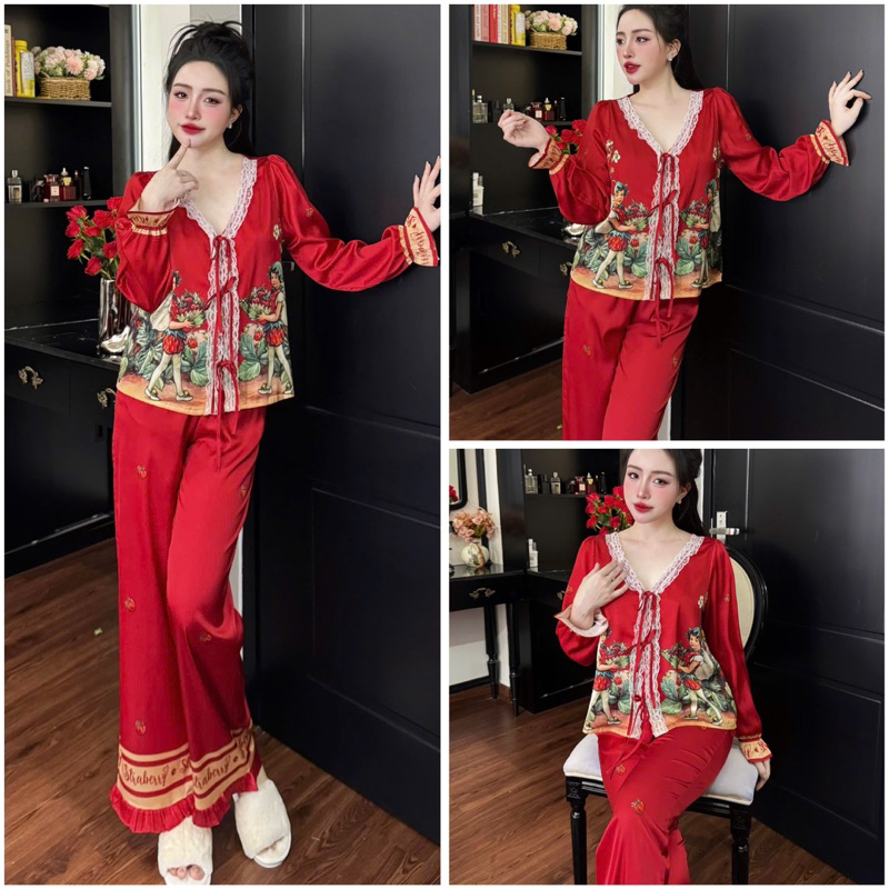 Đồ bộ pijama nữ tiểu thư, bộ ngủ lụa mặc nhà SP244 Lady quần dài áo tay dài phối ren mềm điệu đà