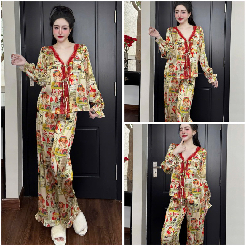 Đồ bộ pijama nữ tiểu thư, bộ ngủ lụa mặc nhà SP244 Lady quần dài áo tay dài phối ren mềm điệu đà