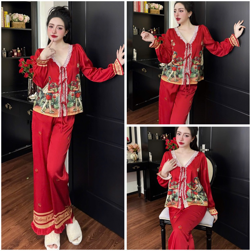 Đồ bộ pijama nữ tiểu thư, bộ ngủ lụa mặc nhà SP244 Lady quần dài áo tay dài phối ren mềm điệu đà