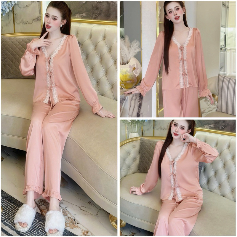 Đồ bộ pijama nữ tiểu thư Bolobala, bộ ngủ lụa mặc nhà SP_245 quần dài áo tay dài hàng Lady phối ren mềm điệu đà, nữ tính