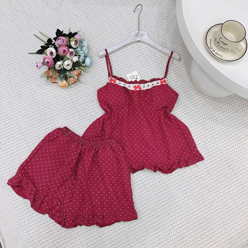 Bộ đồ mặc nhà nữ SP211 chất đũi xốp quần đùi áo 2 dây, hoạ tiết dễ thương