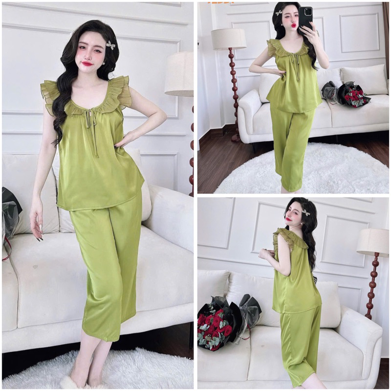 SP_219 Đồ bộ BOLOBALA nữ mặc nhà quần lửng áo tay ngắn cánh tiên trơn tiểu thư chất lụa latin phối voan tơ cao cấp