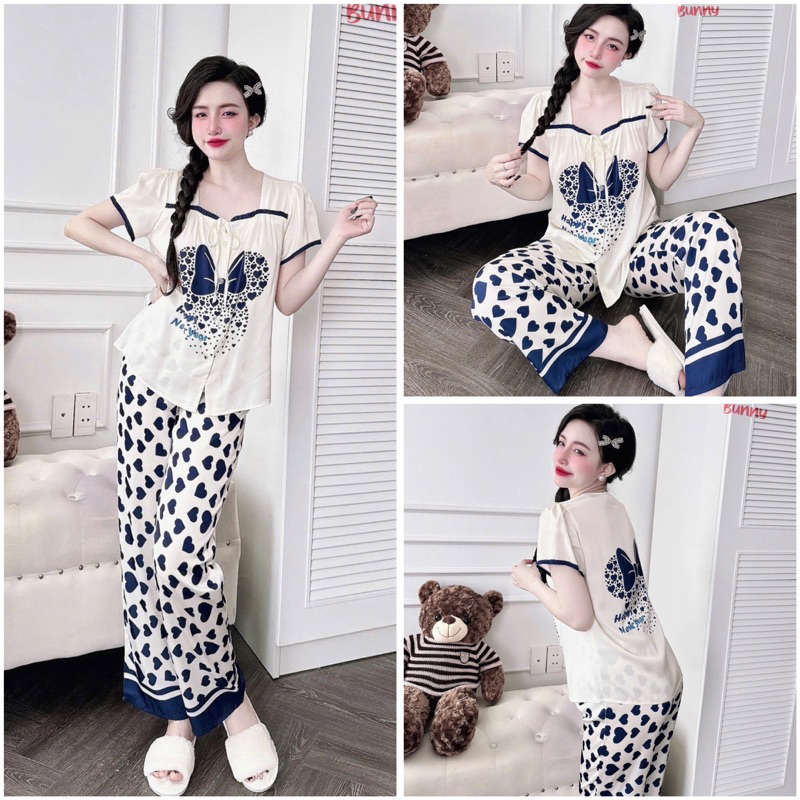 SP_220 Đồ bộ pijama BOLOBALA nữ mặc nhà quần dài áo tay ngắn cổ vuông phối nơ tiểu thư chất lụa latin dễ thương