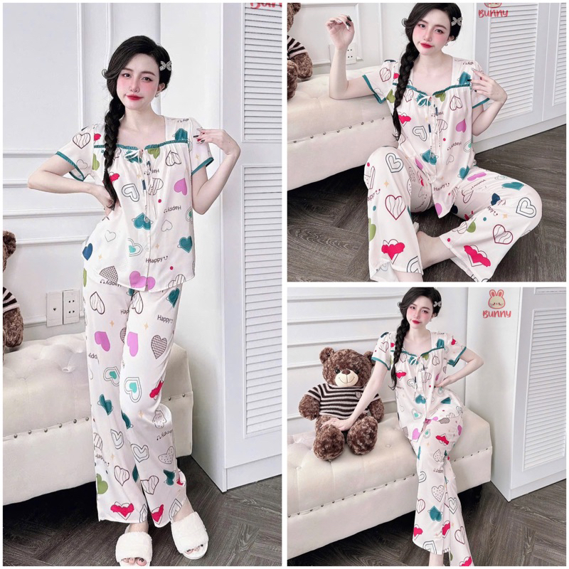 SP_220 Đồ bộ pijama BOLOBALA nữ mặc nhà quần dài áo tay ngắn cổ vuông phối nơ tiểu thư chất lụa latin dễ thương