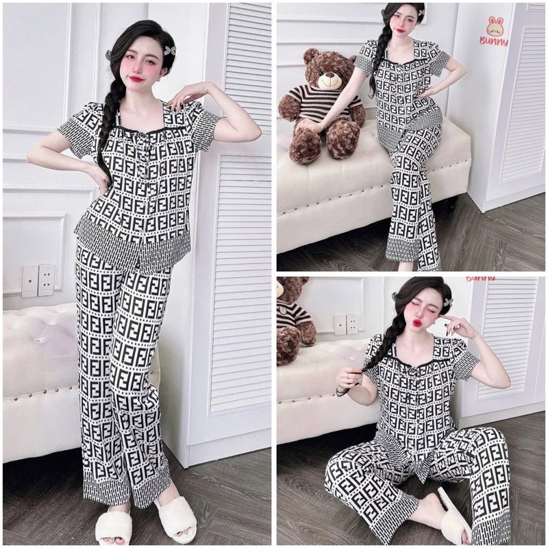SP_220 Đồ bộ pijama BOLOBALA nữ mặc nhà quần dài áo tay ngắn cổ vuông phối nơ tiểu thư chất lụa latin dễ thương