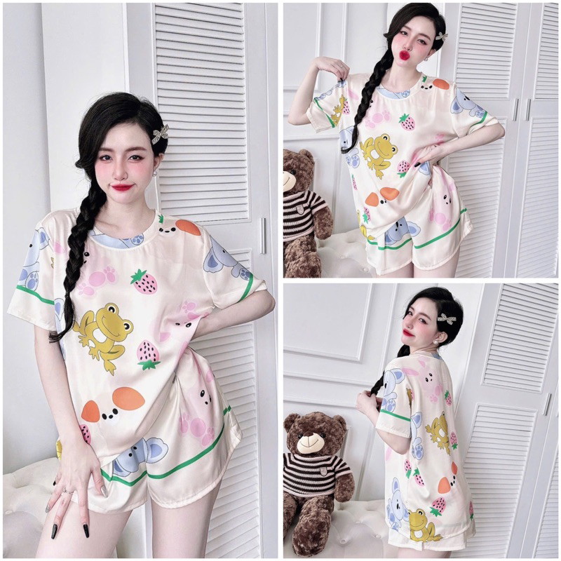 SP_221 Đồ bộ pijama BOLOBALA nữ mặc nhà quần đùi áo tay ngắn cổ tròn chất lụa latin hoạ tiết dễ thương