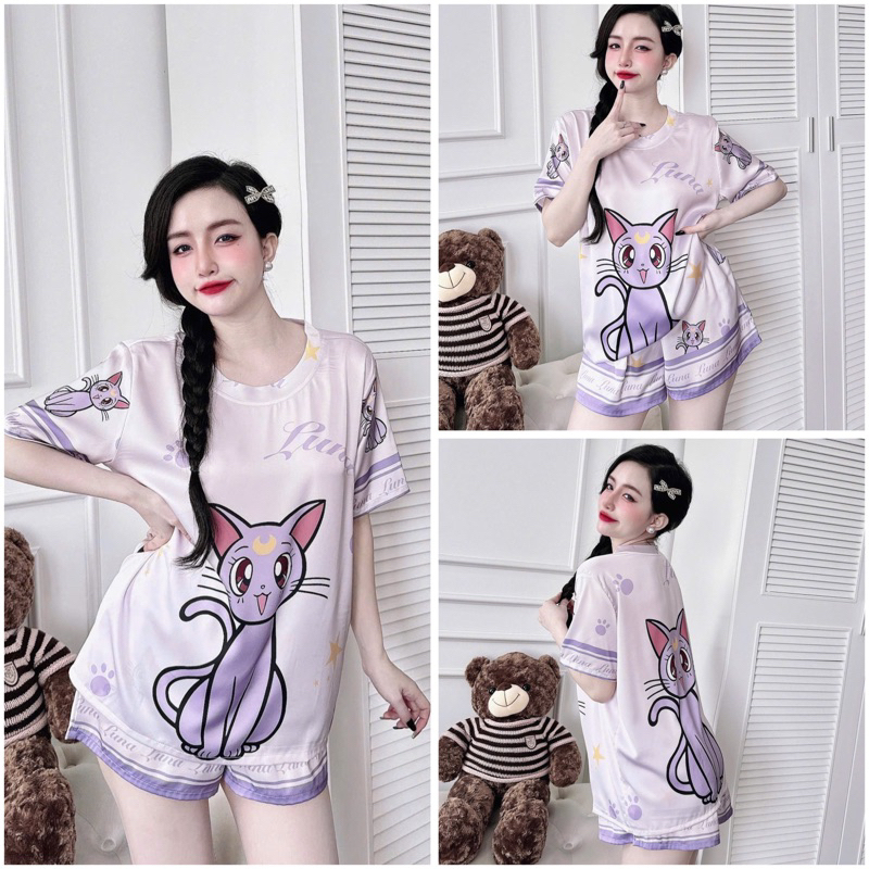 SP_221 Đồ bộ pijama BOLOBALA nữ mặc nhà quần đùi áo tay ngắn cổ tròn chất lụa latin hoạ tiết dễ thương