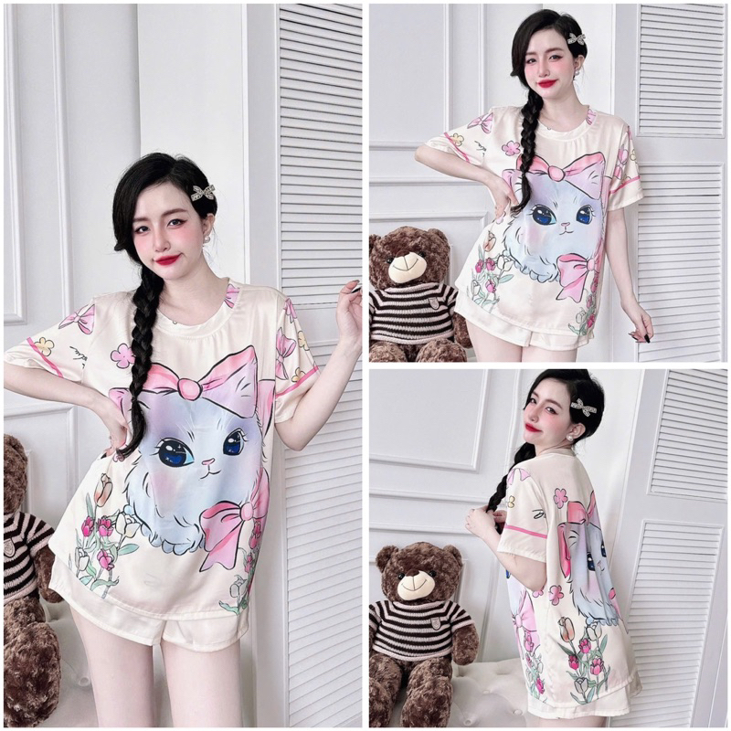 SP_221 Đồ bộ pijama BOLOBALA nữ mặc nhà quần đùi áo tay ngắn cổ tròn chất lụa latin hoạ tiết dễ thương