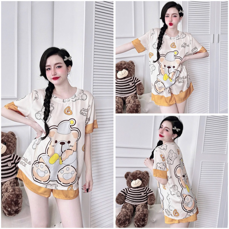 SP_221 Đồ bộ pijama BOLOBALA nữ mặc nhà quần đùi áo tay ngắn cổ tròn chất lụa latin hoạ tiết dễ thương