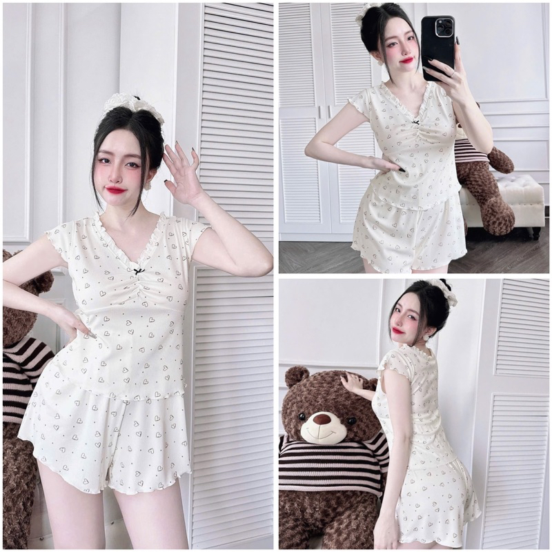 SP_222 Đồ bộ pijama BOLOBALA nữ mặc nhà quần đùi áo tay ngắn cổ V chất thun gân màu nhẹ nhàng
