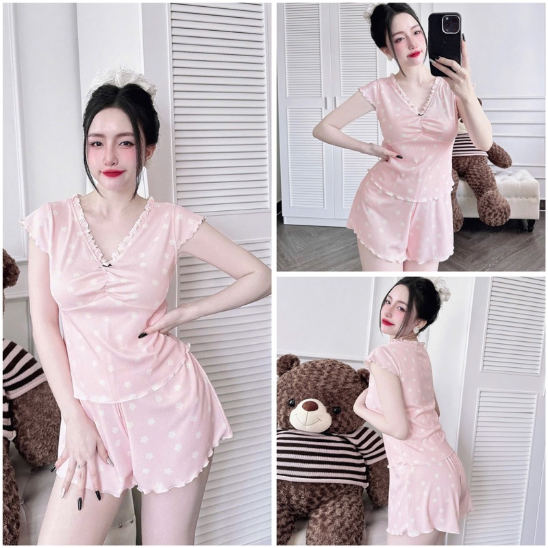 SP_222 Đồ bộ pijama BOLOBALA nữ mặc nhà quần đùi áo tay ngắn cổ V chất thun gân màu nhẹ nhàng