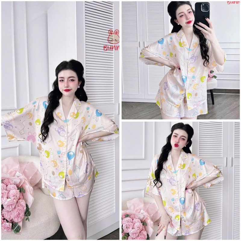 SP_224 Đồ bộ pijama BOLOBALA nữ mặc nhà quần đùi áo tay ngắn phom cánh dơi nhẹ chất lụa latin Bunny