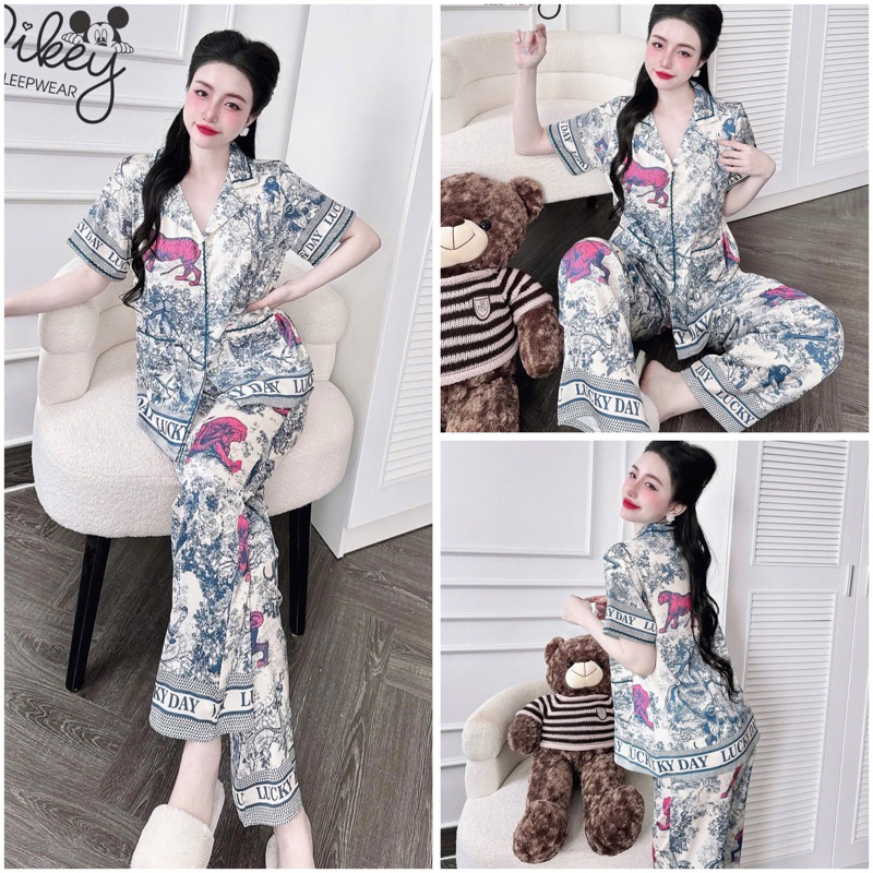 SP_225 Đồ bộ pijama BOLOBALA nữ mặc nhà quần dài áo tay ngắn chạy viền nhẹ chất lụa latin hoạ tiết sang trọng