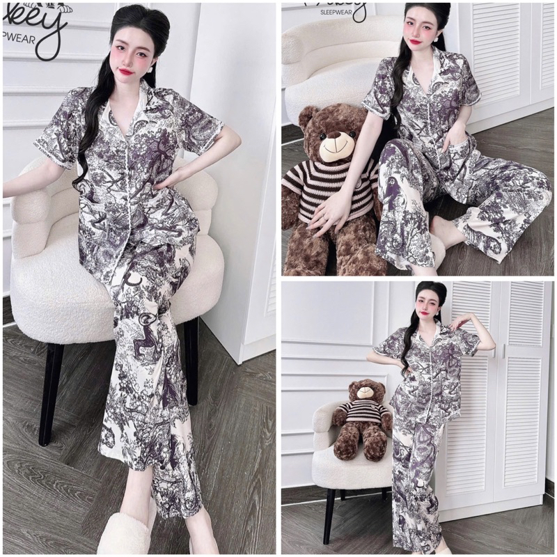 SP_225 Đồ bộ pijama BOLOBALA nữ mặc nhà quần dài áo tay ngắn chạy viền nhẹ chất lụa latin hoạ tiết sang trọng