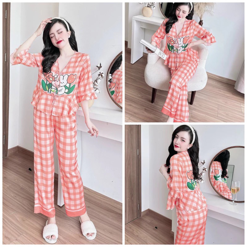 SP_226 Đồ bộ pijama BOLOBALA nữ mặc nhà quần dài áo tay lỡ phom peplum đính 3 nơ chất lụa latin hoạ tiết siêu xinh